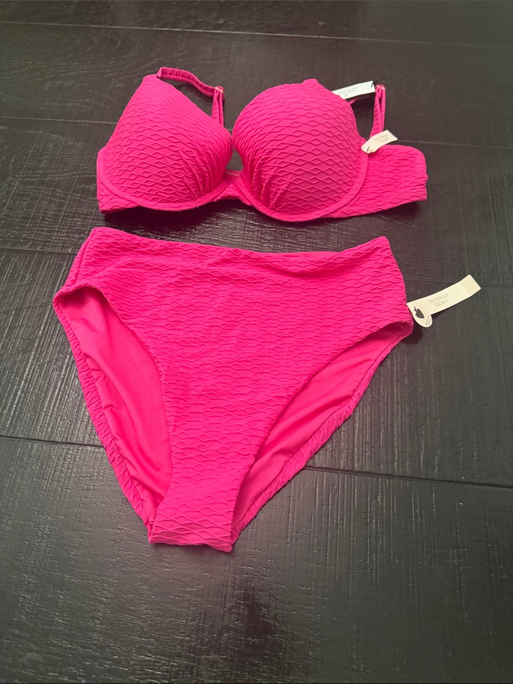 Victoria Secret  Swim Women's High-Waist Textured Bikini Set in Hot Pink